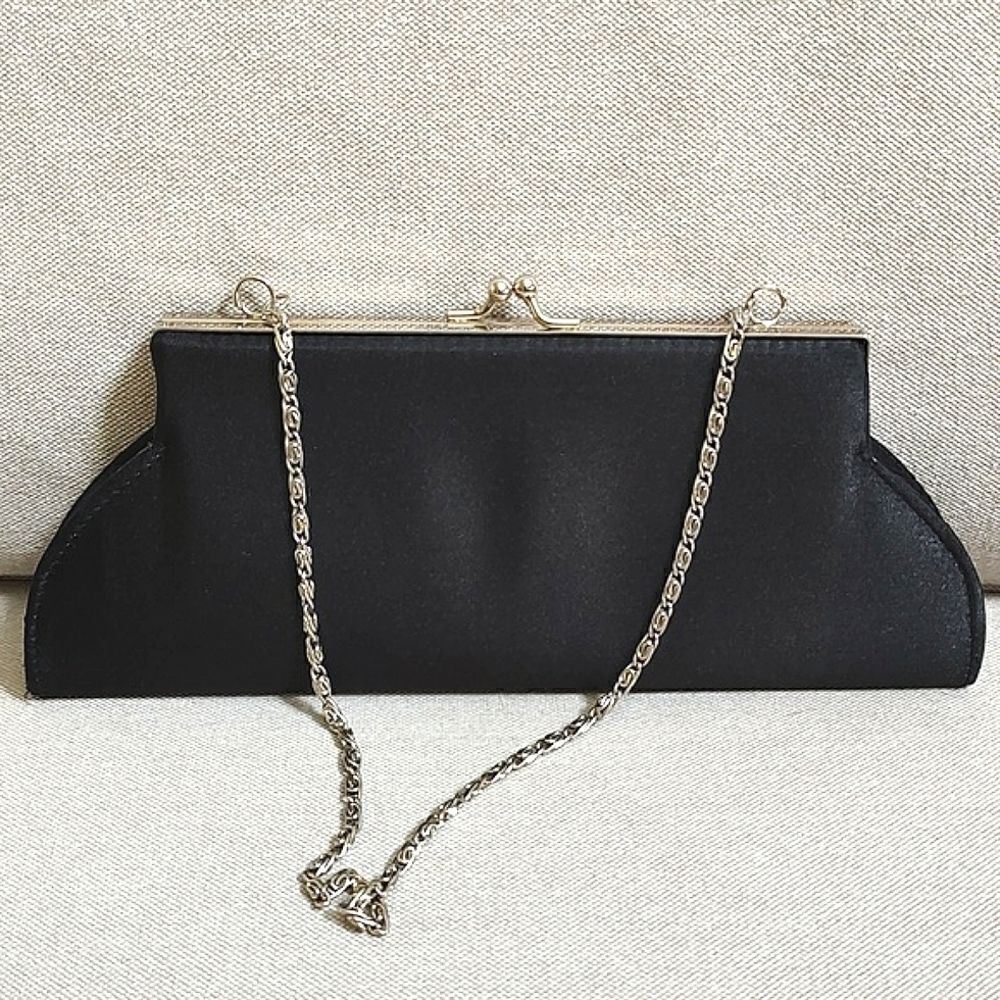 Sasha Black Satin Special Occasion Shoulder Bag Silver Woven Metal Strap